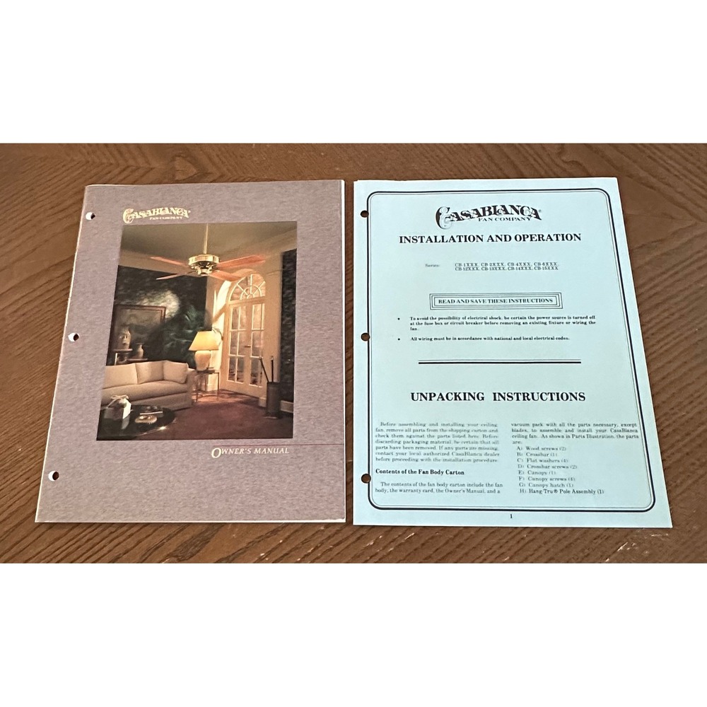 Vintage Casablanca Fan Company Owners Manual & Installation Guide 1985 CB Series